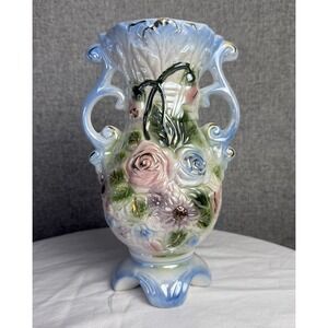 Vintage Iridescent Hollywood Rococo Ceramic Dual Handle Floral Blue Pink Vase